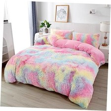 Pink Plush Shaggy Bedding Sets Full 3 Piece Fluffy Faux Full-3Pcs Pink Rainbow