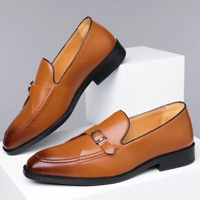 Men's Handmade PU Leather Non- Slip Flats Breathable Outdoor Slip on Dress Shoes