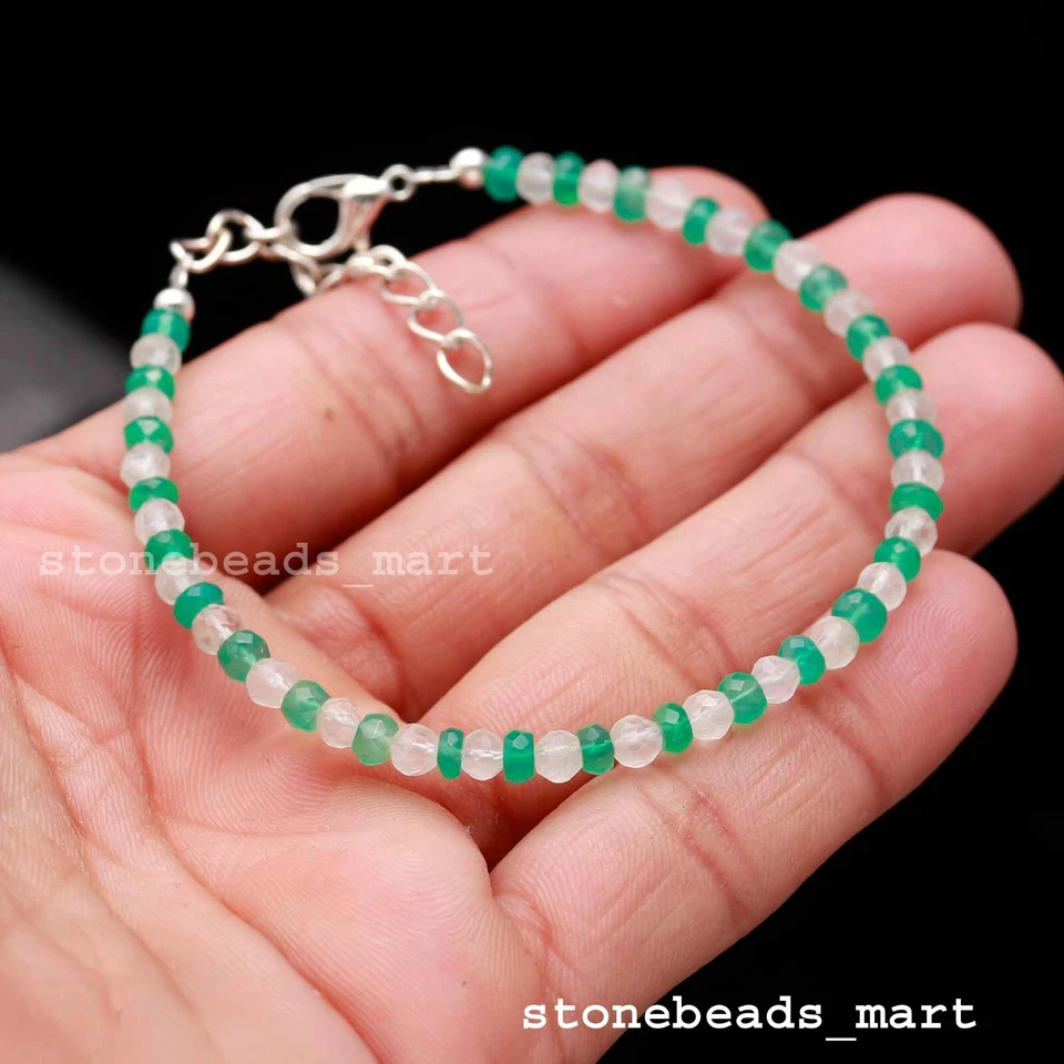 Genuino Verde Ónix + Cristal 4mm Rondelle Facetado Pulsera Ajustable 7" - Imagen 3 de 4