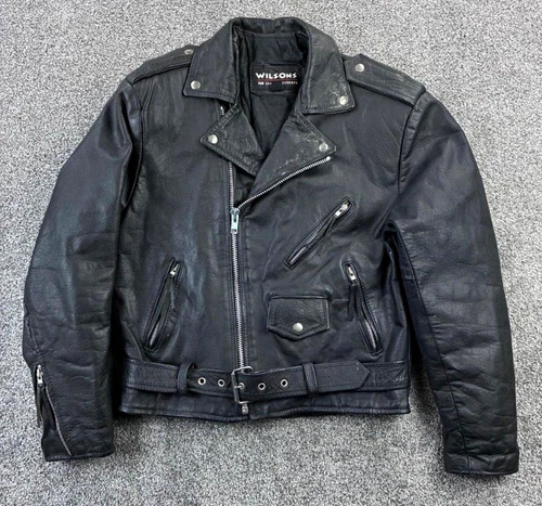 Wilsons Men's Black Leather Biker Moto Jacket Belted Zip Button Size M - product listing photo