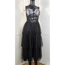 Fashion Nova Black Polka Dot Mesh Midi Dress Strapless Lace Trim Size M NWT