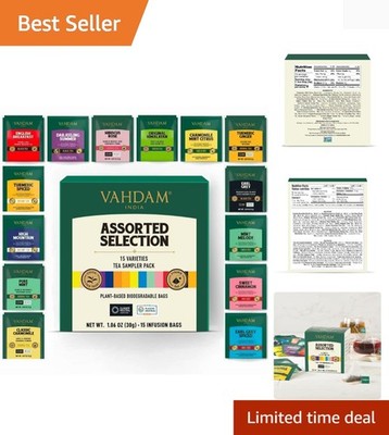 Assorted Tea Sampler 15 Different Variety in Individually Wrapped Pyramid Tea...