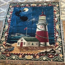 Crown Crafts Throw Blanket Lighthouse Christmas Santa Nautical Holiday Tapestry