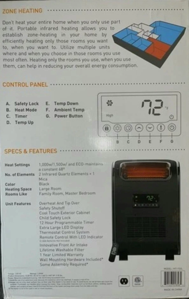 LifeSmart Wall Mountable Infrared 3-Element Heater - 1500 Watt -with Remote -NEW - Image 2 of 4