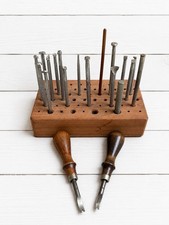 Vintage Tandy Craftool Leather Stamp Lot Edge Bevelers Wood Rack USA Tools