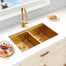 32" Gold Undermount Double Bowl Workstation Sink, Stainless Steel Kitchen Sink