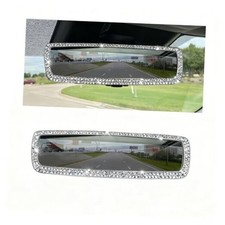 Bling Car Rearview Mirror, Crystal Rhinestones Diamonds Edge Wide Angle Silver