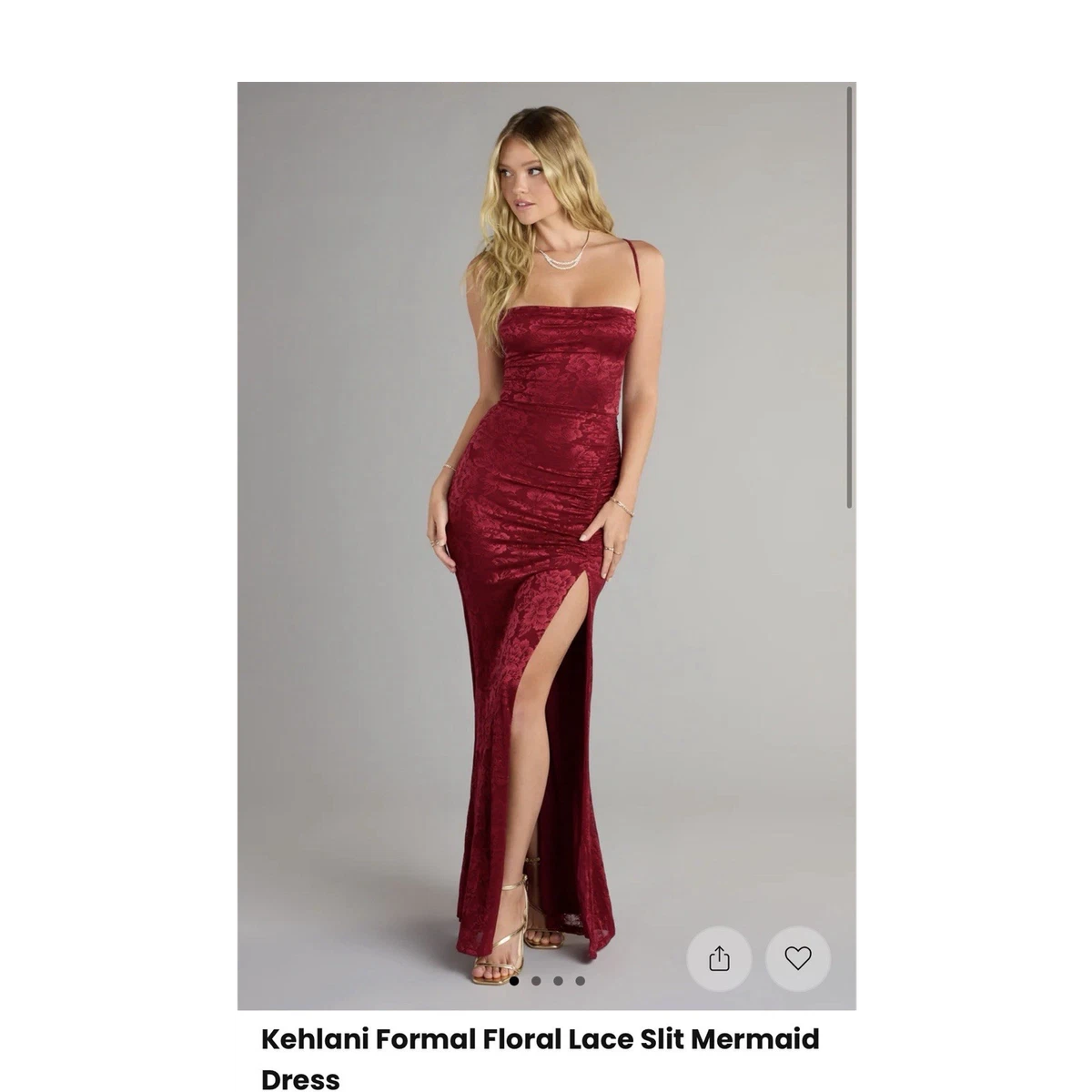 kehlani formal floral lace slit mermaid dress Kehlani Boat Neck Knot Slit Beige Gown – Alamour The Label main image 1