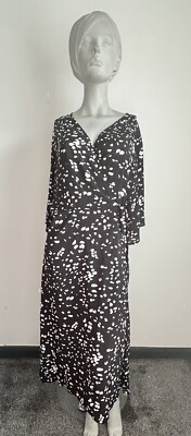 Izabel London Curve Black White Printed V neck Wrap Midi Dress