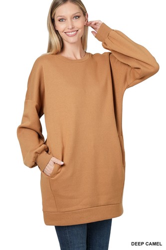 Women Round or V Neck Oversized Long Sweatshirt Loose Warm Fleece Top w/ Pockets - Picture 4 of 32