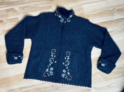 Icelandic Designs Wool Sweater Jacket Small Charcoal Embroidered Full Zip J26CH