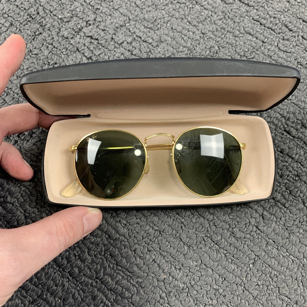 Vintage Used BL Ray-Ban Round Aviator Sunglasses Black Gold Lennon