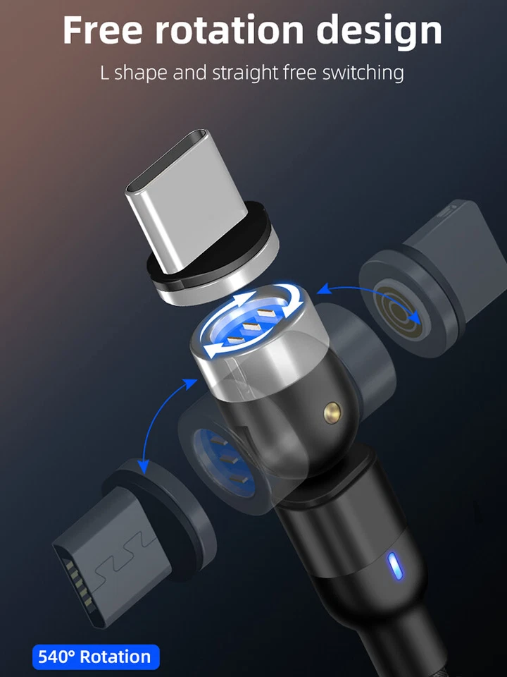 Carga Rápida 3A 540 Rotación LED 3 en 1 USB Cargador Magnético Iphone/Android  Foto 3 de 4