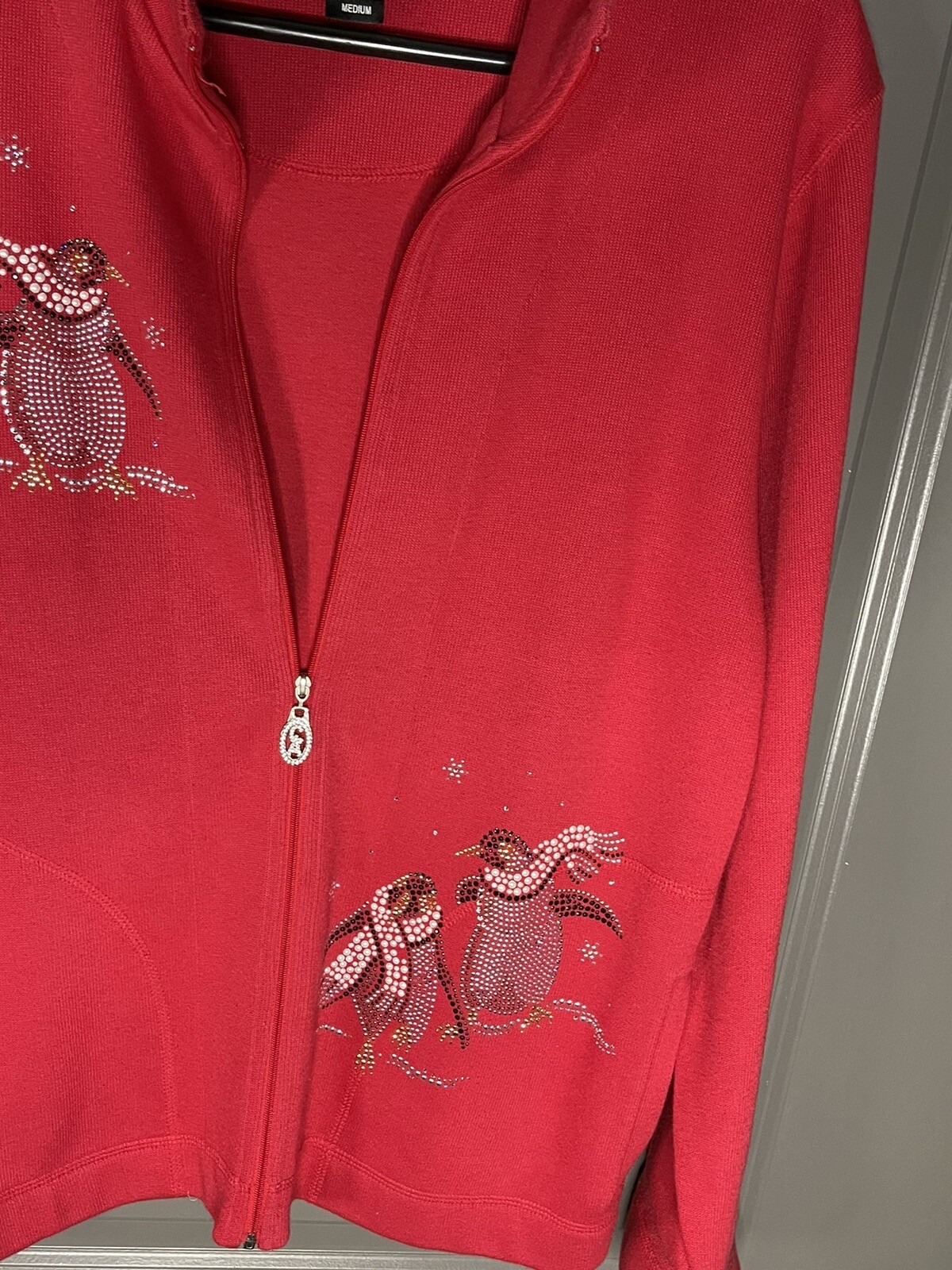 CHRISTINE ALEXANDER Red Swarovski Bling Pinguin Sweater Jacket Size M Fits L image 4