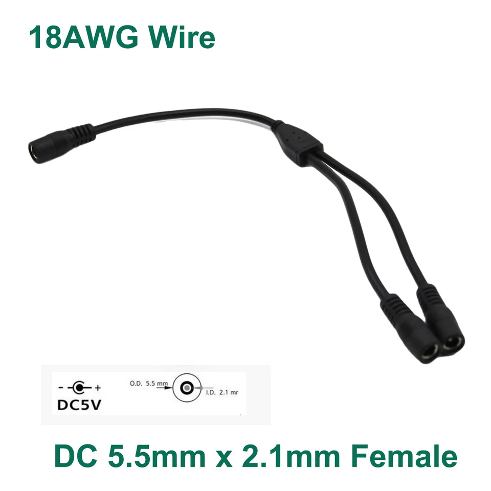 DC Power 1 Female to 2 Female Splitter Cable 5.5mm x 2.1mm CCTV LED Light 18AWG - Image 2 of 4