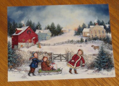 Linda Nelson Stocks Folk Art - Ride to Grandma's Vintage Lang Christmas Card 4ct