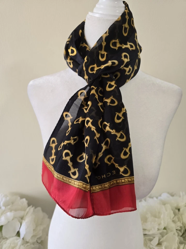 Echo 100% Silk Scarf Chain Print Oblong Baroque Elegant Timeless Quiet Luxury  - Image 3 of 4