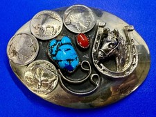 Horse Head Lucky Horseshoe Buffalo Coins Turquoise Coral Stone Belt Buckle