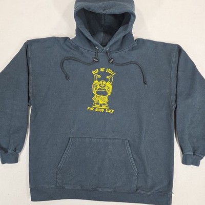Vintage Hanes Hoodie Mens XL Black Buddha Rub My Belly For Good Luck Heavyweight
