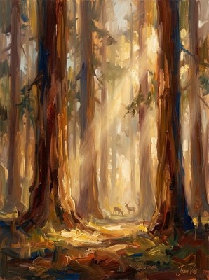 ORIGINAL JEAN VOS signiert Redwood Forest Dawn Leinwand ÖLGEMÄLDE