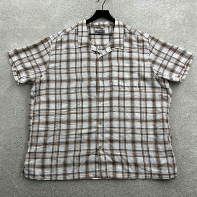 Eddie Bauer Shirt Mens Size 2XL Brown Plaid Short Sleeve Button Up Camp Linen
