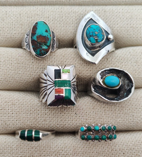 Lot of 6 Vintage Sterling Silver Native American Navajo Turquoise Rings