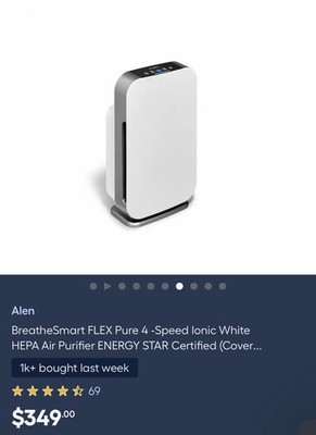 Alen BreatheSmart FLEX True HEPA 4-Speed White ENERGY STAR Quiet Air Purifier