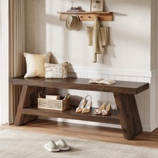 47.24'' Solid Wood Entryway Bench, Modern Indoor Shoe Bench with Open Shelves