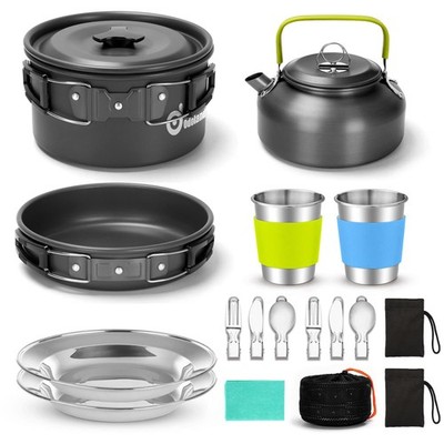 Camping Kochgeschirr Set, Antihaft Topf Pfanne Wasserkocher Set mit Edelstahl