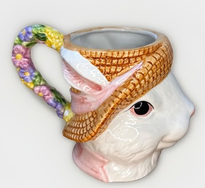 Vintage 3D Ceramic Bunny Rabbit Head Mug Straw Hat Floral Handle Made in Taiwan