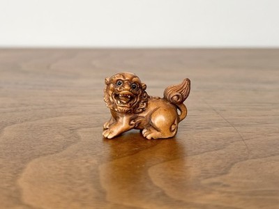 Hand-Carved Boxwood Ojime Bead Foo Dog Lion, Signed, Japanese Craft