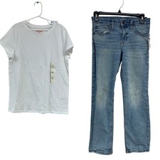 2 NWT New Cat Jack Boys Large 10/12 White Tee Shirt Straight Denim Jeans