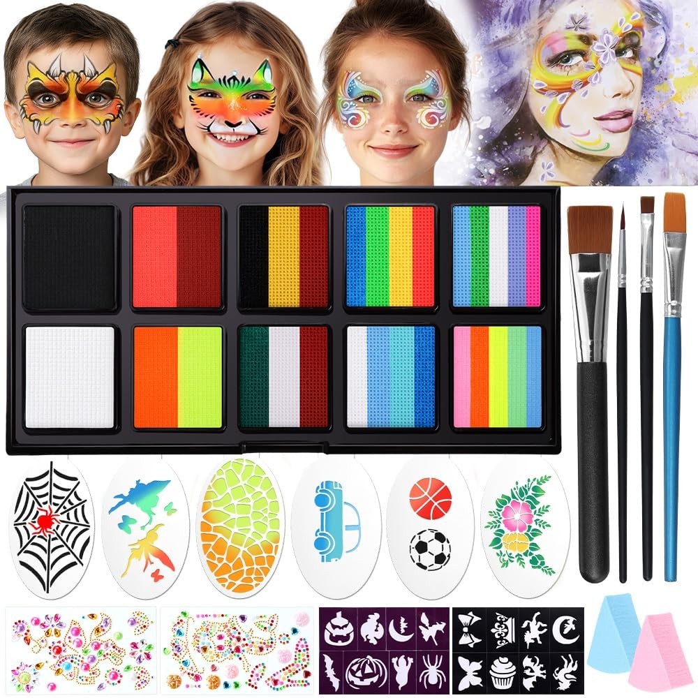 Vibrant Rainbow Face Paint Kit - Water Activated for Kids & Festivals, 12 Colors
