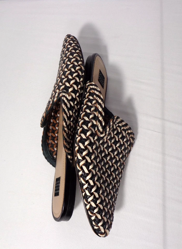 WHBM Casa Blanca Mercado Negro Dos Tonos Cuero Tejido Mula Pisos Para Mujer Talla 8M Foto 4 de 4