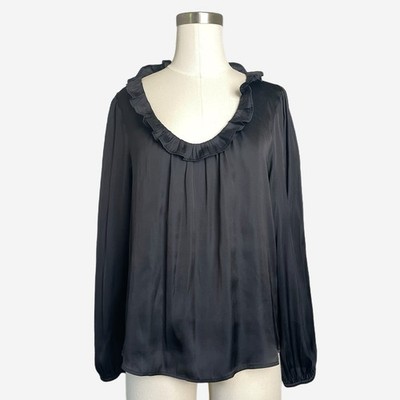 Jcrew Factory NWT Black silky ruffleneck blouse preppy casual dressy classic M