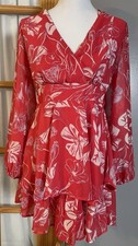 Japna Layered Floral Dress Juniors Sz S Red Smocked Waist Long Sleeve Boho Chic