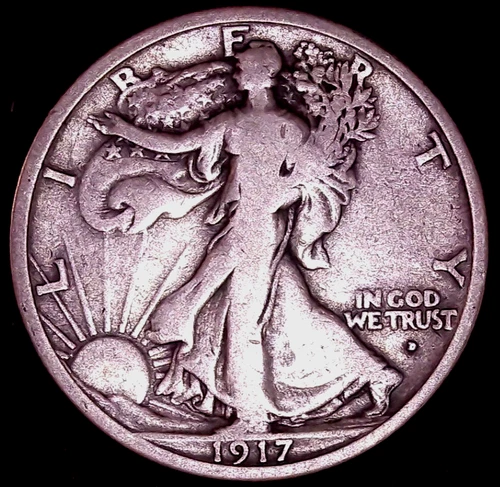 1917-D OBVERSE WALKING LIBERTY HALF DOLLAR 50C, F/VF SUN RAYS