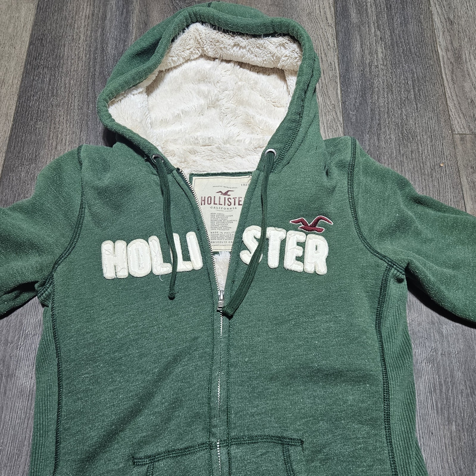 Hollister Y2K Faux Fur Sherpa Lined Medium Vintage Hoodie Double Zip Up Green image 6
