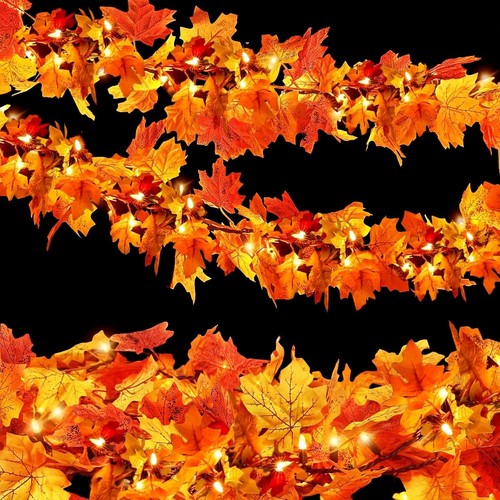 Fall Leaf Garland with Lights Plug In, 35 Orange Bulbs Light up Fall Leaves Garl - Bild 1 von 2