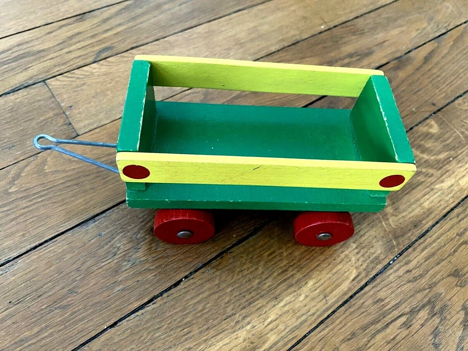 CHARIOT en BOIS coloré jouet façon ancien rouge vert jaune enfant ! - Photo 3/4