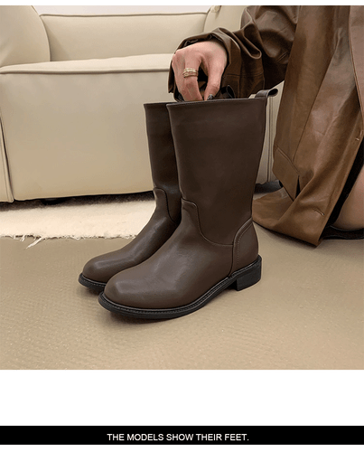 New Womens Casual Round Toe Low Block Heels Western Boots Pull on Mid-calf Shoes - Bild 11 von 26