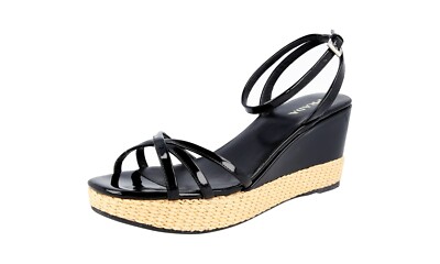 PRADA Leder Plateau Stroh Slingback Pumps Sandalen 1X9561 Schwarz -  40 UK 7