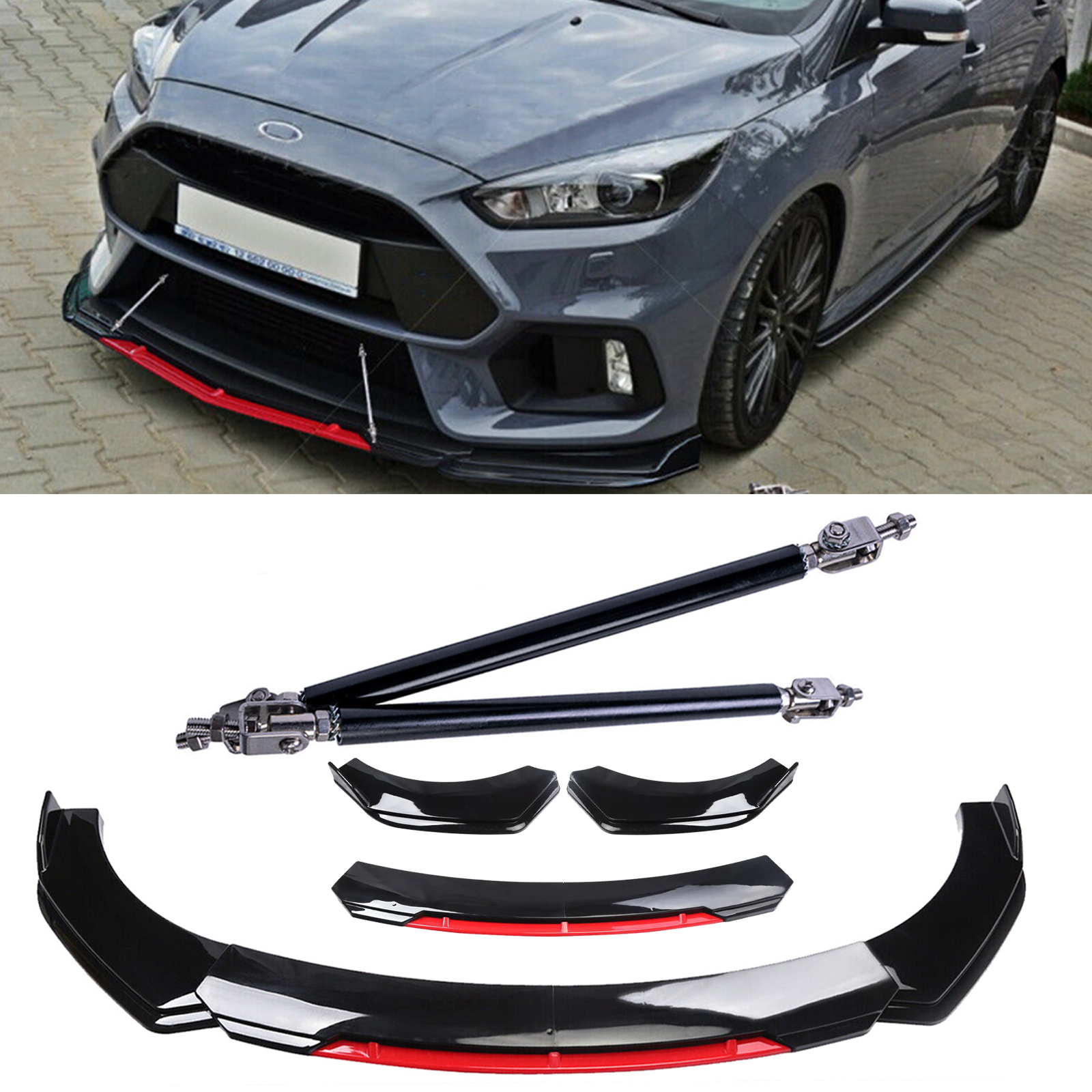 Ford Focus Front Bumper Lip Chin Splitter with Glossy Black Strut Rods