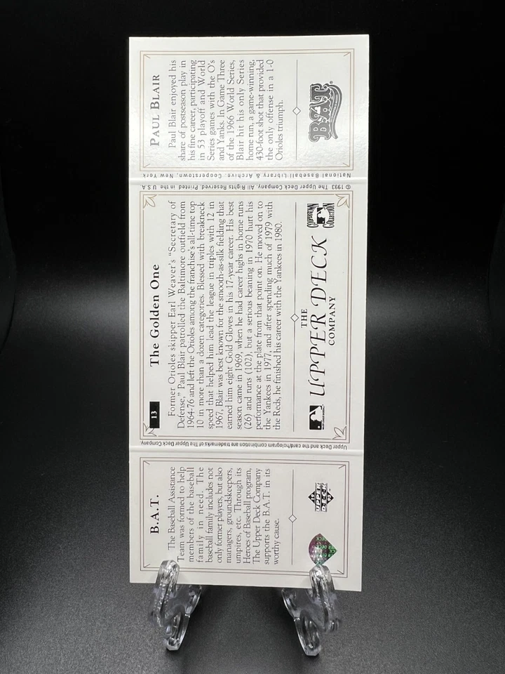 1993 Upper Deck B.A.T. Triple-Folders - Paul Blair #13 - Image 2 of 2