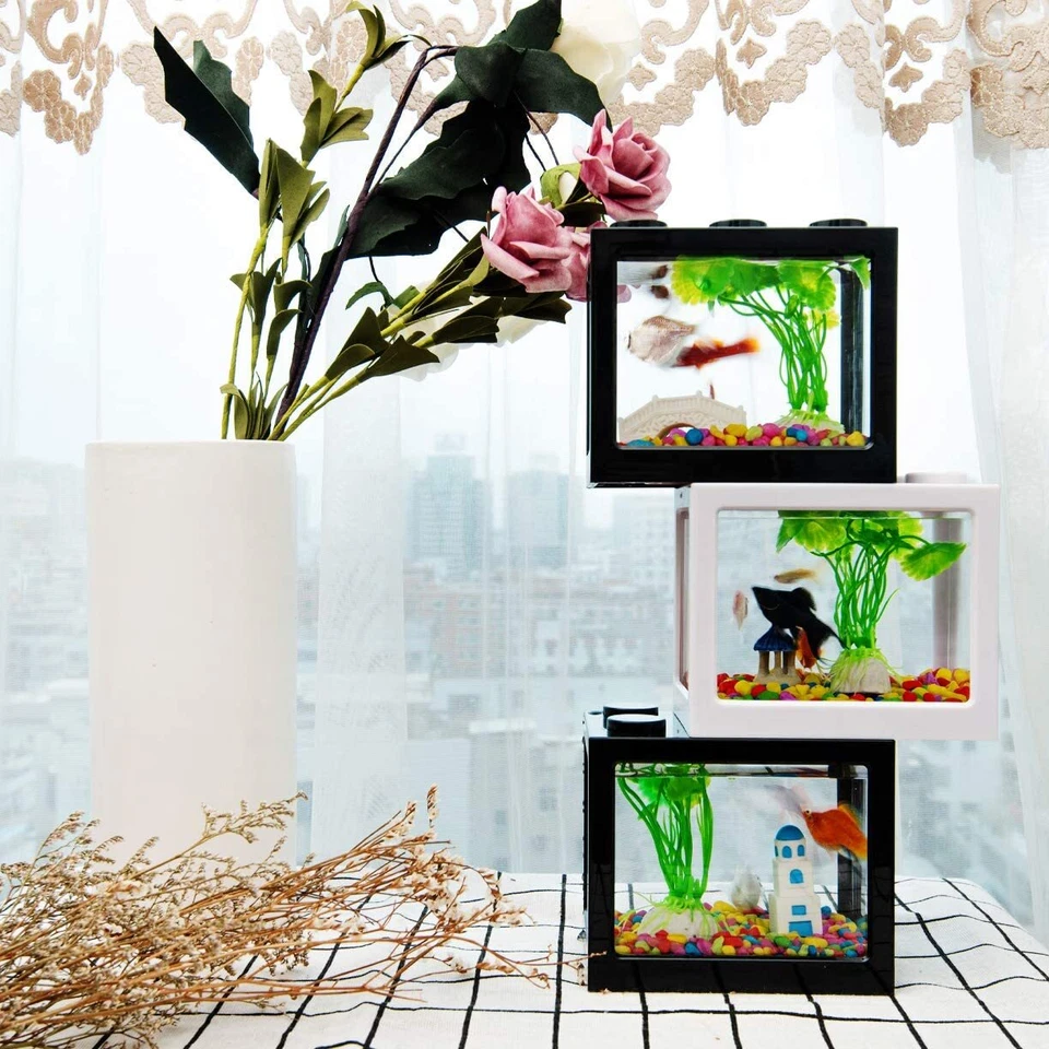 Mini Aquarium Lego Block Desktop Small Clear Betta Fish Tank with 2 LED Light 1L - image 4 of 4