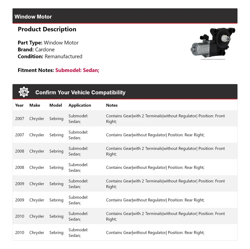 Para Chrysler Sebring 2007-2010 sedán ventana motor cardone 2008 2009 Foto 2 de 4