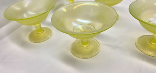 ANTIQUE FENTON TOPAZ VASELINE STRETCH GLASS SHERBET #103 1917 - 1930's w/ Plates - Picture 8 of 21