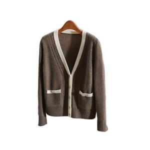Womens-Classic-100-Cashmere-Button-V-Neck-Long-Sleeve-Knit-Sweater-Cardigan-sz
