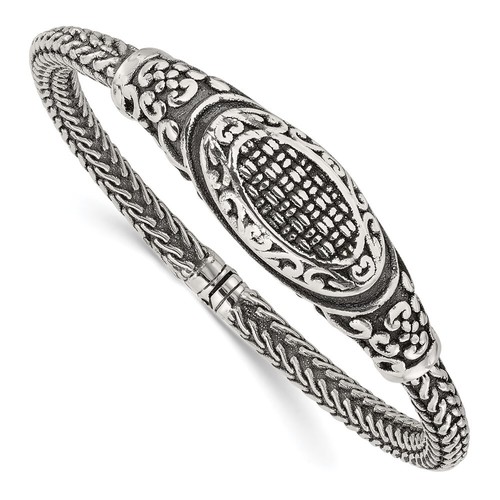 Sterling Silver Polished and Antiqued Textured Hinged Bangle Bracelet 7" 10.73gm