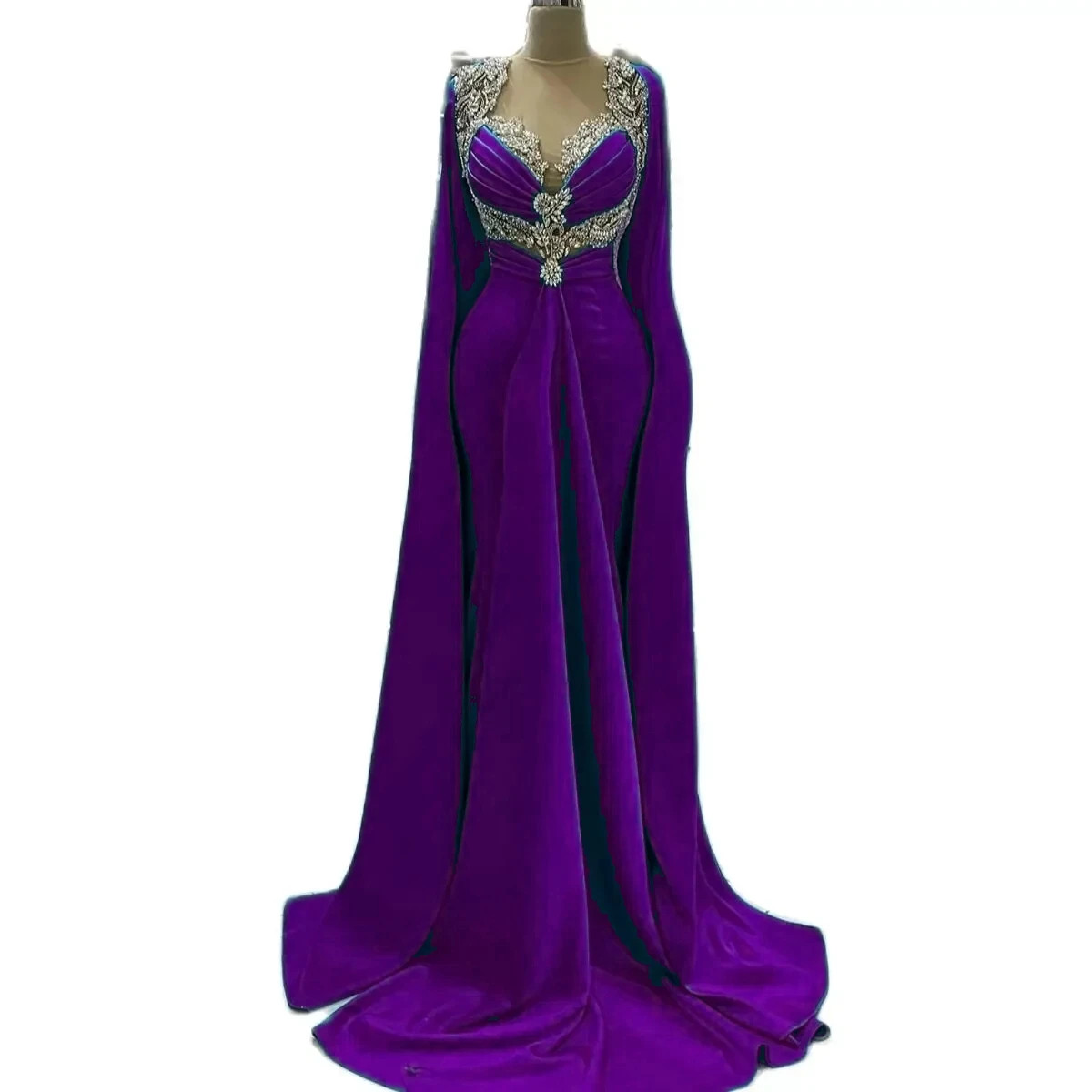 Luxury crystal beads arabic evening dresses caped sleeve red carpet dress